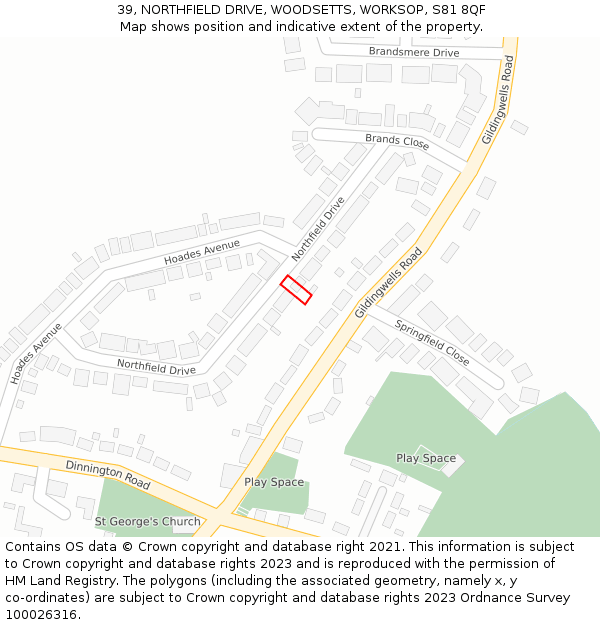 39, NORTHFIELD DRIVE, WOODSETTS, WORKSOP, S81 8QF: Location map and indicative extent of plot