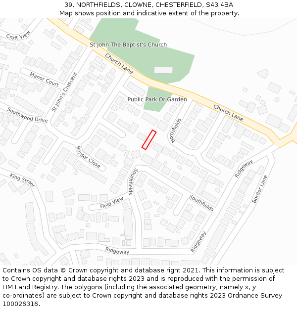 39, NORTHFIELDS, CLOWNE, CHESTERFIELD, S43 4BA: Location map and indicative extent of plot