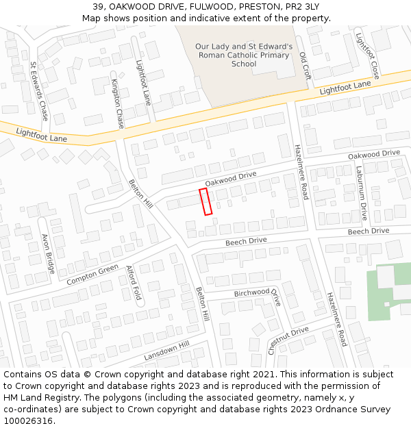 39, OAKWOOD DRIVE, FULWOOD, PRESTON, PR2 3LY: Location map and indicative extent of plot