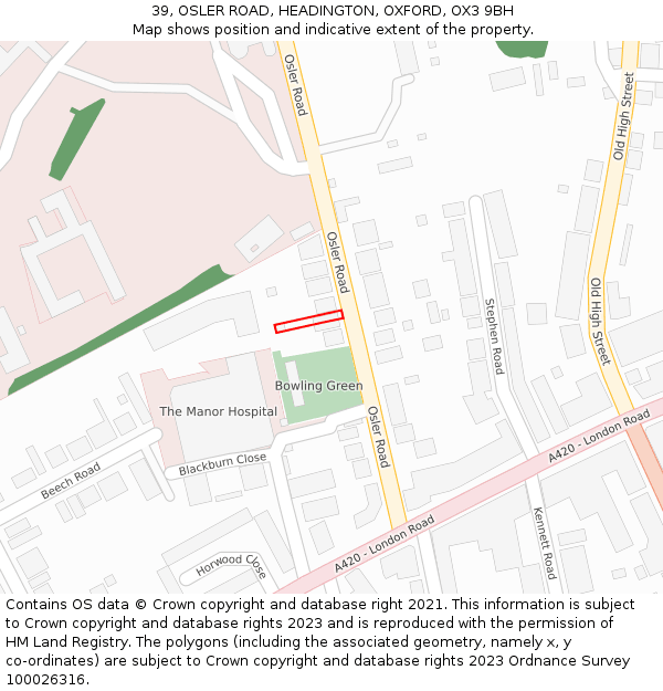 39, OSLER ROAD, HEADINGTON, OXFORD, OX3 9BH: Location map and indicative extent of plot