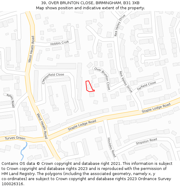 39, OVER BRUNTON CLOSE, BIRMINGHAM, B31 3XB: Location map and indicative extent of plot