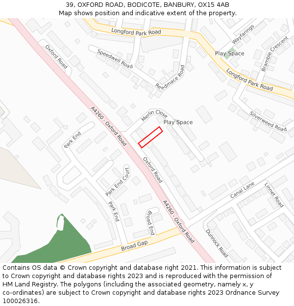 39, OXFORD ROAD, BODICOTE, BANBURY, OX15 4AB: Location map and indicative extent of plot