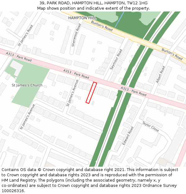39, PARK ROAD, HAMPTON HILL, HAMPTON, TW12 1HG: Location map and indicative extent of plot