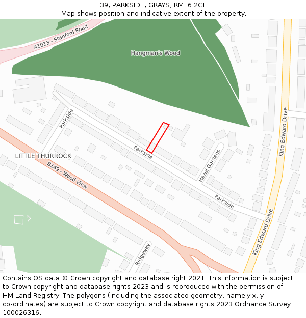 39, PARKSIDE, GRAYS, RM16 2GE: Location map and indicative extent of plot