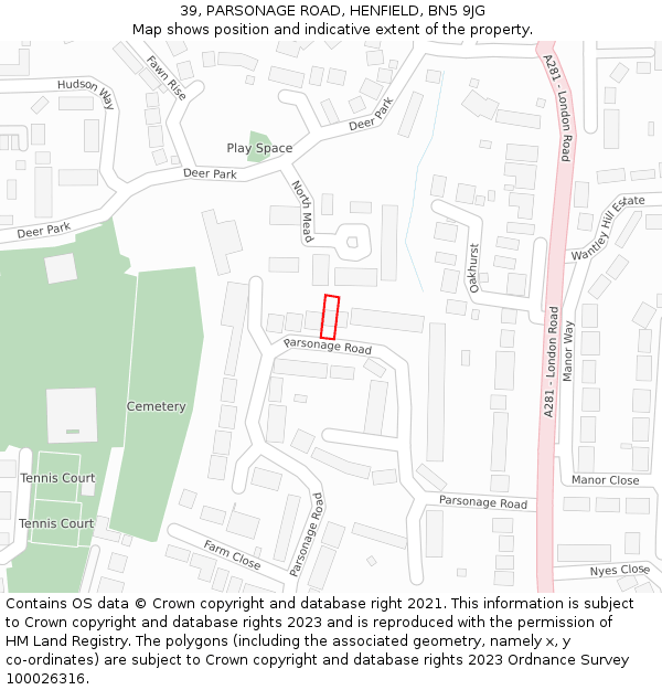 39, PARSONAGE ROAD, HENFIELD, BN5 9JG: Location map and indicative extent of plot