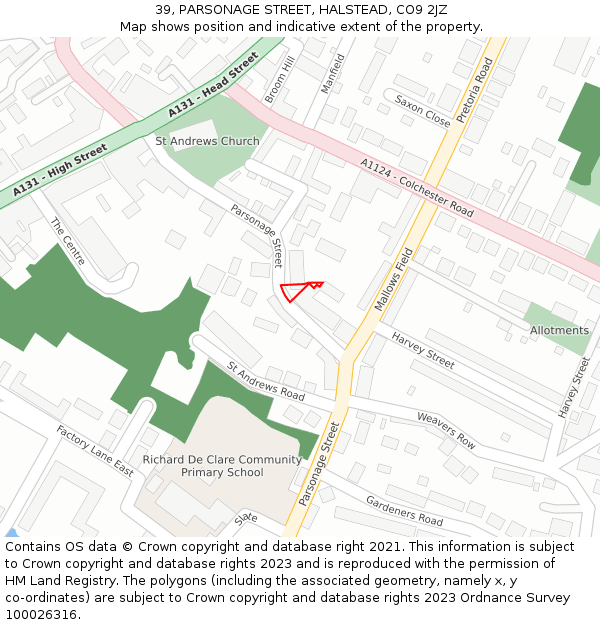39, PARSONAGE STREET, HALSTEAD, CO9 2JZ: Location map and indicative extent of plot