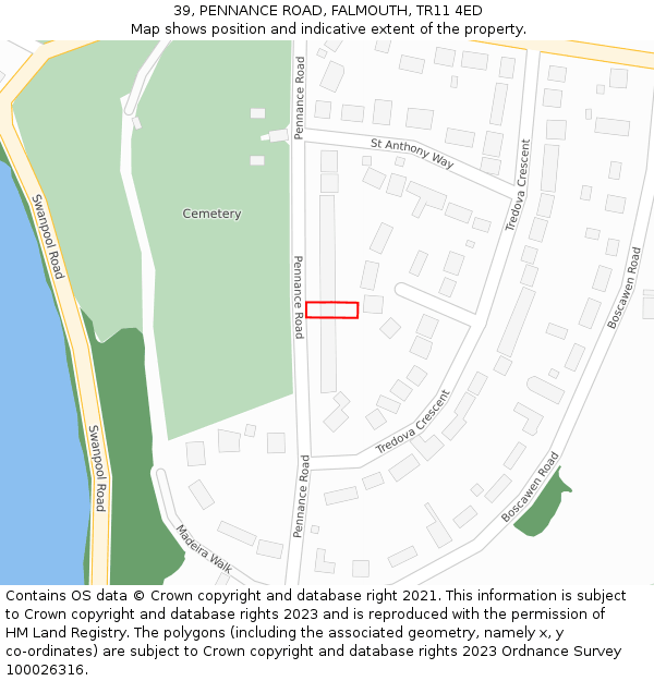 39, PENNANCE ROAD, FALMOUTH, TR11 4ED: Location map and indicative extent of plot