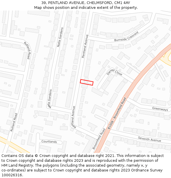 39, PENTLAND AVENUE, CHELMSFORD, CM1 4AY: Location map and indicative extent of plot