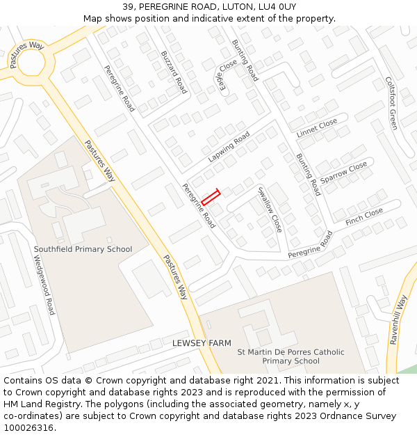 39, PEREGRINE ROAD, LUTON, LU4 0UY: Location map and indicative extent of plot