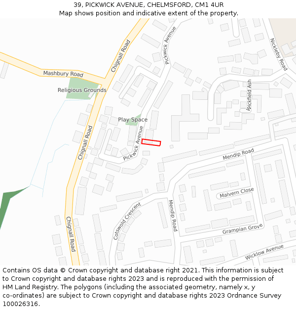 39, PICKWICK AVENUE, CHELMSFORD, CM1 4UR: Location map and indicative extent of plot