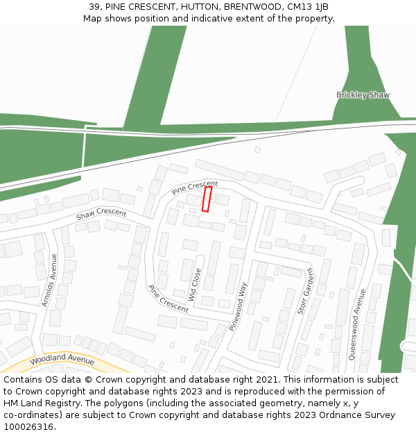 39, PINE CRESCENT, HUTTON, BRENTWOOD, CM13 1JB: Location map and indicative extent of plot