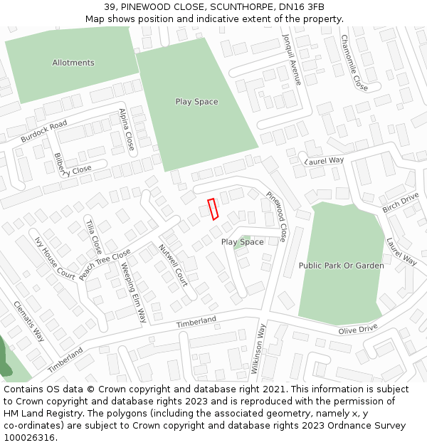 39, PINEWOOD CLOSE, SCUNTHORPE, DN16 3FB: Location map and indicative extent of plot