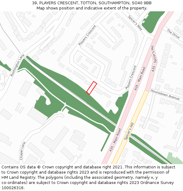 39, PLAYERS CRESCENT, TOTTON, SOUTHAMPTON, SO40 9BB: Location map and indicative extent of plot