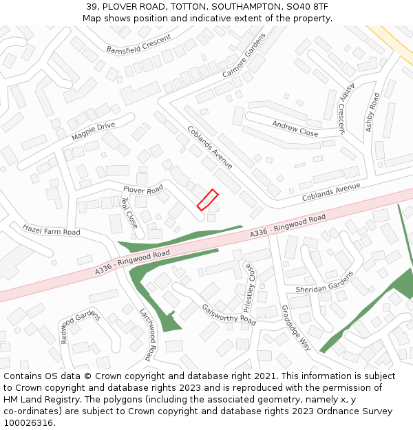 39, PLOVER ROAD, TOTTON, SOUTHAMPTON, SO40 8TF: Location map and indicative extent of plot