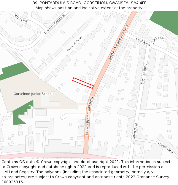 39, PONTARDULAIS ROAD, GORSEINON, SWANSEA, SA4 4FF: Location map and indicative extent of plot