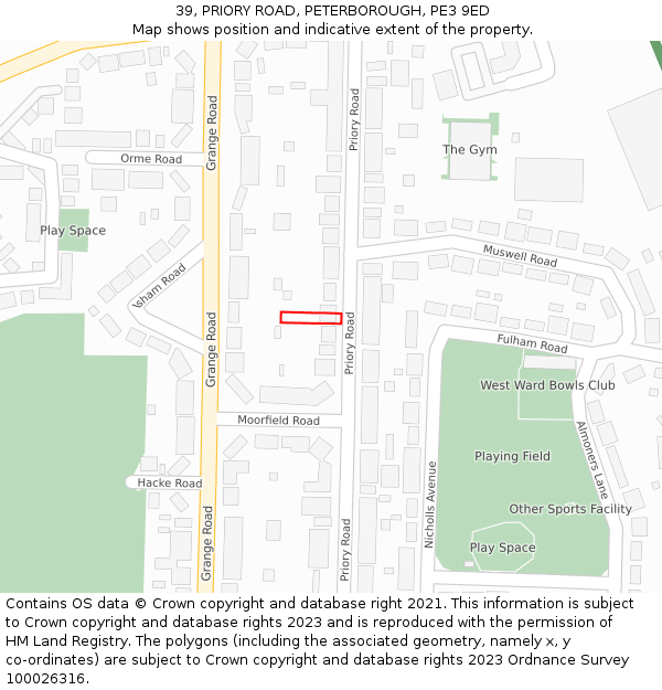 39, PRIORY ROAD, PETERBOROUGH, PE3 9ED: Location map and indicative extent of plot