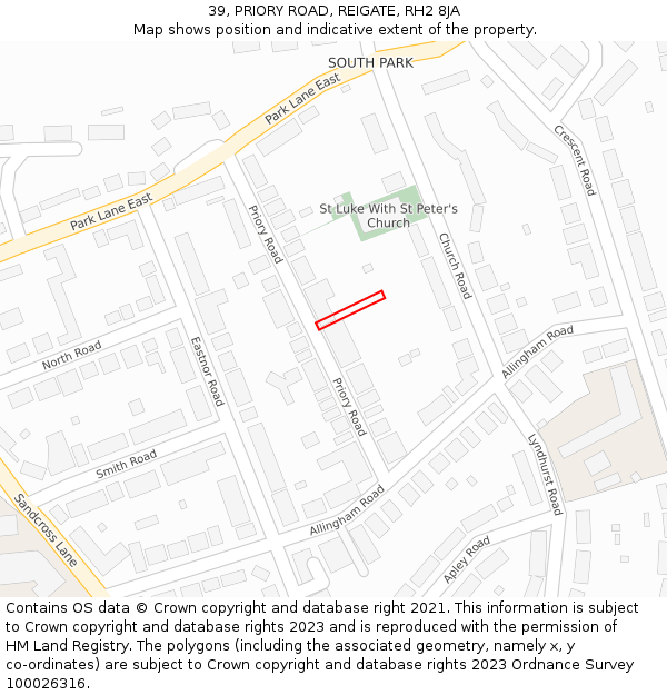 39, PRIORY ROAD, REIGATE, RH2 8JA: Location map and indicative extent of plot