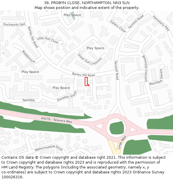 39, PROBYN CLOSE, NORTHAMPTON, NN3 5LN: Location map and indicative extent of plot