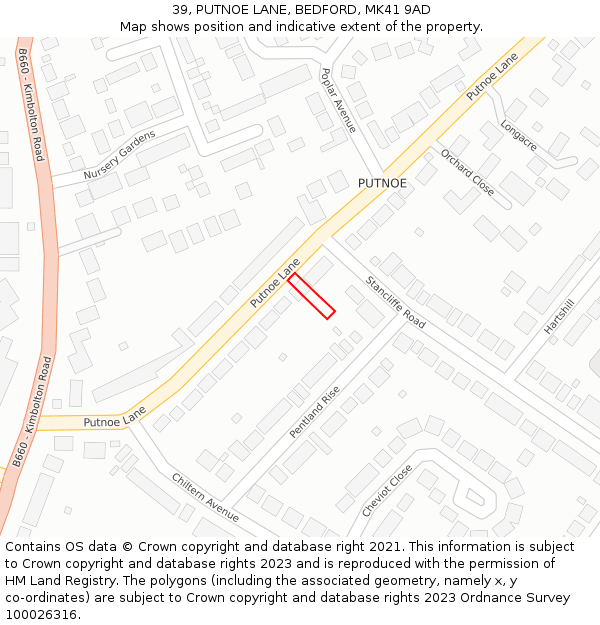 39, PUTNOE LANE, BEDFORD, MK41 9AD: Location map and indicative extent of plot