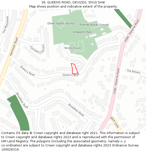 39, QUEENS ROAD, DEVIZES, SN10 5HW: Location map and indicative extent of plot