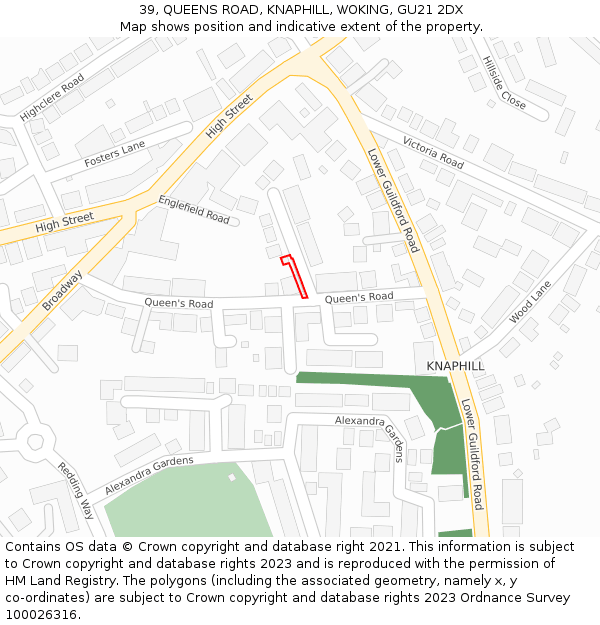 39, QUEENS ROAD, KNAPHILL, WOKING, GU21 2DX: Location map and indicative extent of plot