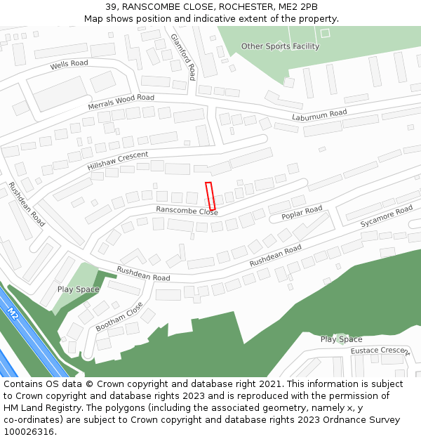 39, RANSCOMBE CLOSE, ROCHESTER, ME2 2PB: Location map and indicative extent of plot