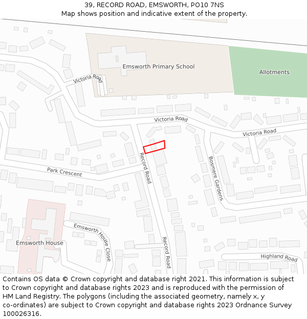 39, RECORD ROAD, EMSWORTH, PO10 7NS: Location map and indicative extent of plot