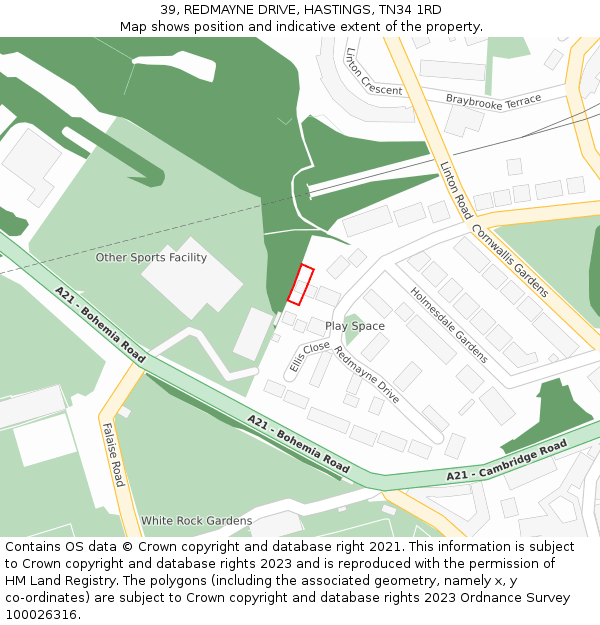 39, REDMAYNE DRIVE, HASTINGS, TN34 1RD: Location map and indicative extent of plot