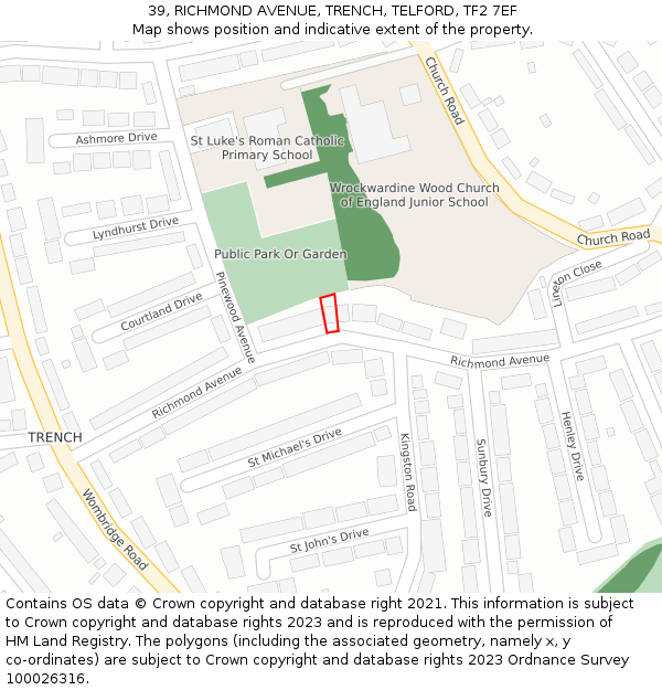 39, RICHMOND AVENUE, TRENCH, TELFORD, TF2 7EF: Location map and indicative extent of plot