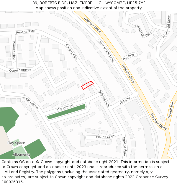 39, ROBERTS RIDE, HAZLEMERE, HIGH WYCOMBE, HP15 7AF: Location map and indicative extent of plot