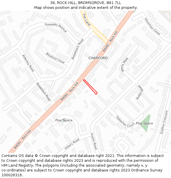 39, ROCK HILL, BROMSGROVE, B61 7LL: Location map and indicative extent of plot