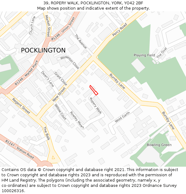 39, ROPERY WALK, POCKLINGTON, YORK, YO42 2BF: Location map and indicative extent of plot