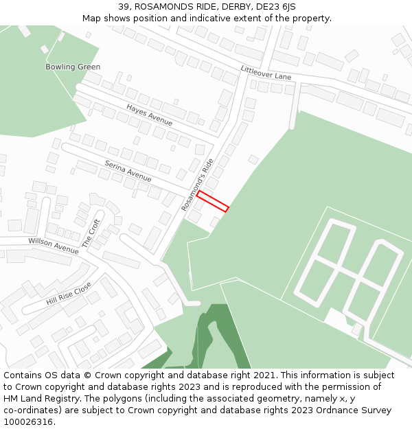 39, ROSAMONDS RIDE, DERBY, DE23 6JS: Location map and indicative extent of plot