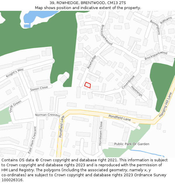 39, ROWHEDGE, BRENTWOOD, CM13 2TS: Location map and indicative extent of plot