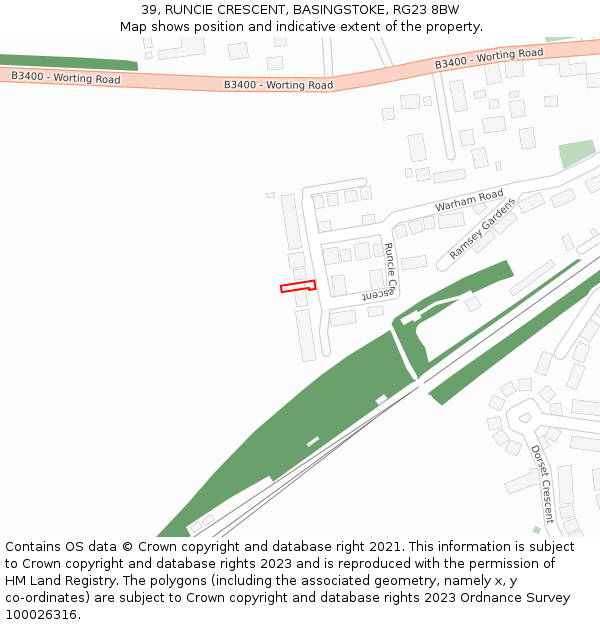 39, RUNCIE CRESCENT, BASINGSTOKE, RG23 8BW: Location map and indicative extent of plot