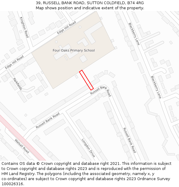 39, RUSSELL BANK ROAD, SUTTON COLDFIELD, B74 4RG: Location map and indicative extent of plot