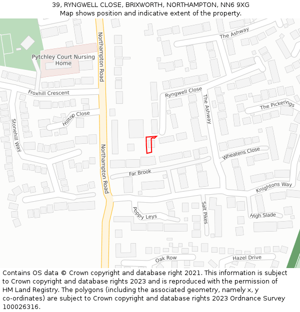 39, RYNGWELL CLOSE, BRIXWORTH, NORTHAMPTON, NN6 9XG: Location map and indicative extent of plot