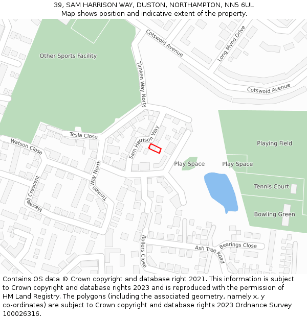 39, SAM HARRISON WAY, DUSTON, NORTHAMPTON, NN5 6UL: Location map and indicative extent of plot