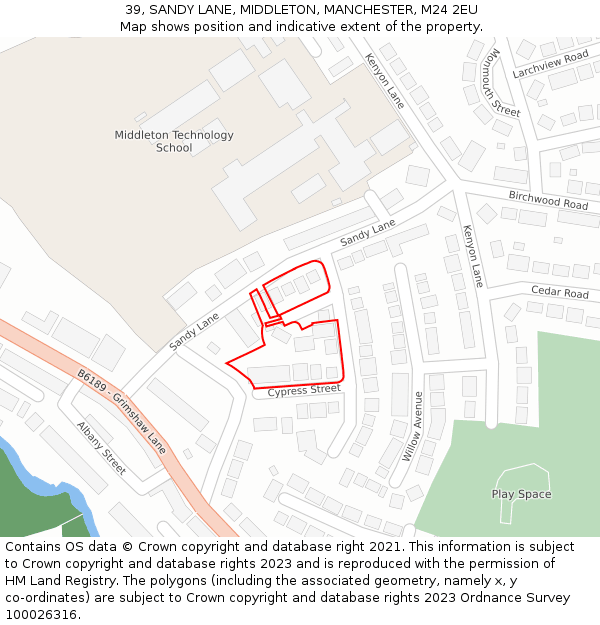 39, SANDY LANE, MIDDLETON, MANCHESTER, M24 2EU: Location map and indicative extent of plot