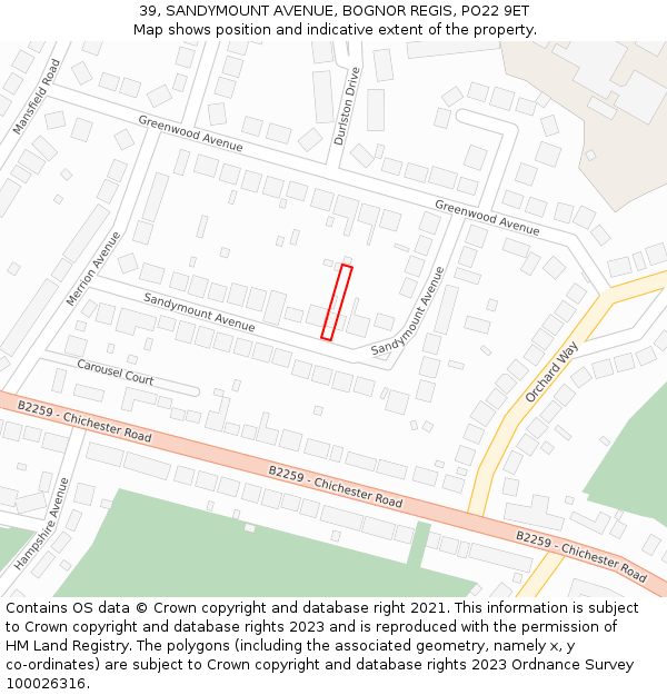 39, SANDYMOUNT AVENUE, BOGNOR REGIS, PO22 9ET: Location map and indicative extent of plot