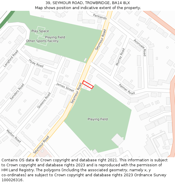 39, SEYMOUR ROAD, TROWBRIDGE, BA14 8LX: Location map and indicative extent of plot