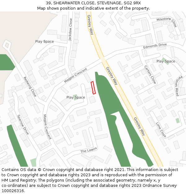39, SHEARWATER CLOSE, STEVENAGE, SG2 9RX: Location map and indicative extent of plot