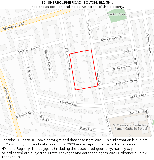 39, SHERBOURNE ROAD, BOLTON, BL1 5NN: Location map and indicative extent of plot