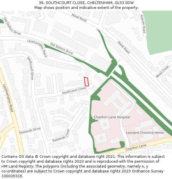 39, SOUTHCOURT CLOSE, CHELTENHAM, GL53 0DW: Location map and indicative extent of plot