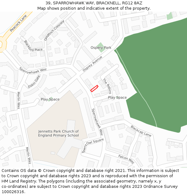 39, SPARROWHAWK WAY, BRACKNELL, RG12 8AZ: Location map and indicative extent of plot