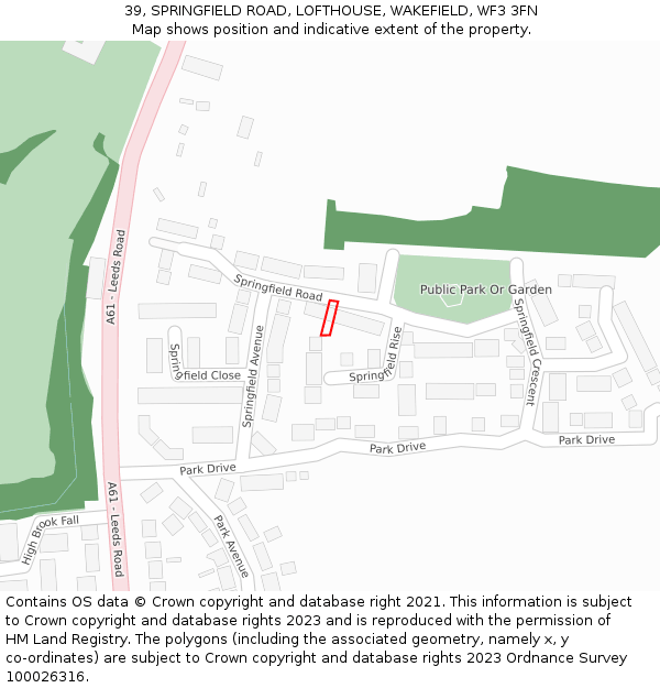 39, SPRINGFIELD ROAD, LOFTHOUSE, WAKEFIELD, WF3 3FN: Location map and indicative extent of plot