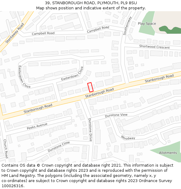 39, STANBOROUGH ROAD, PLYMOUTH, PL9 8SU: Location map and indicative extent of plot