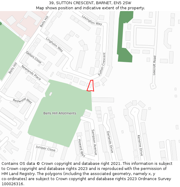 39, SUTTON CRESCENT, BARNET, EN5 2SW: Location map and indicative extent of plot