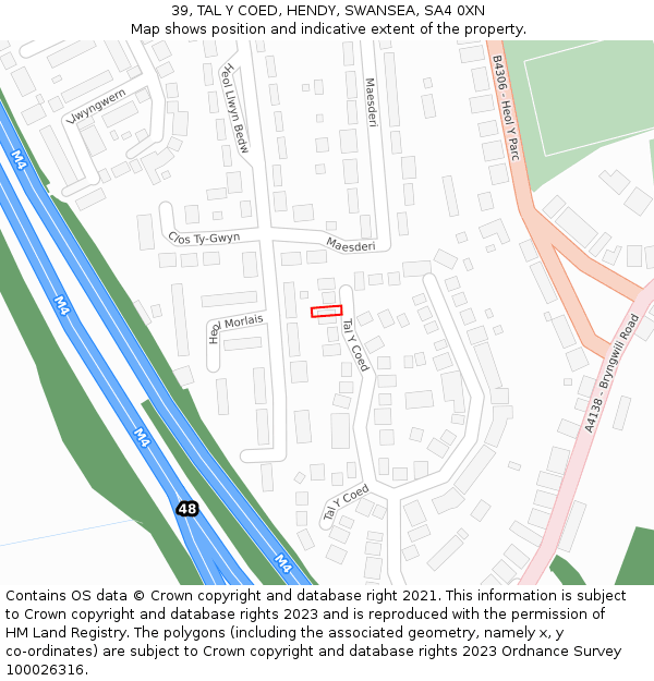 39, TAL Y COED, HENDY, SWANSEA, SA4 0XN: Location map and indicative extent of plot