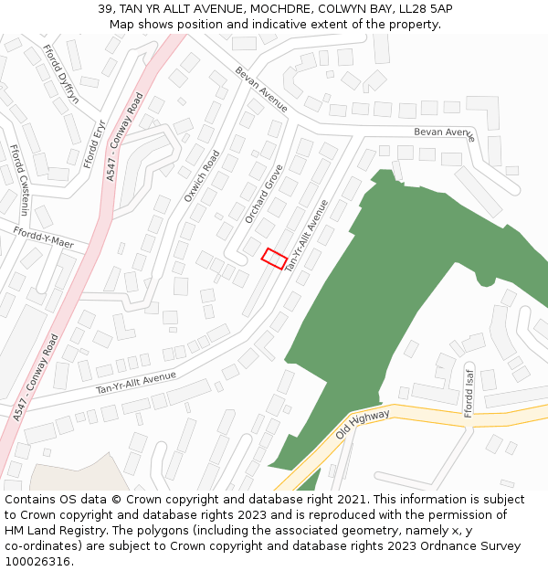 39, TAN YR ALLT AVENUE, MOCHDRE, COLWYN BAY, LL28 5AP: Location map and indicative extent of plot